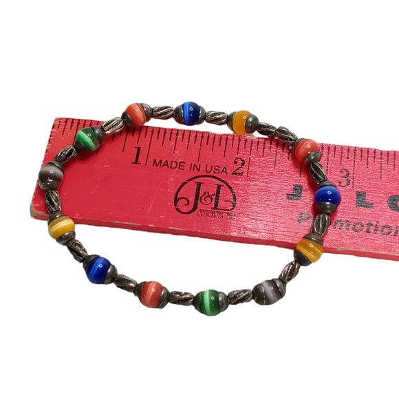 ๐ VTG Cats Eye Stretch Bracelet | Multicolor Fiber Optic Beads Silver Tone - Picture 3 of 12